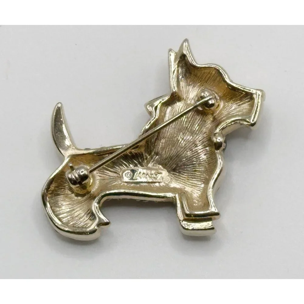 Vintage Monet Rhinestone Dog Pin Scottish Terrier Silver Black‎ Enamel Brooch